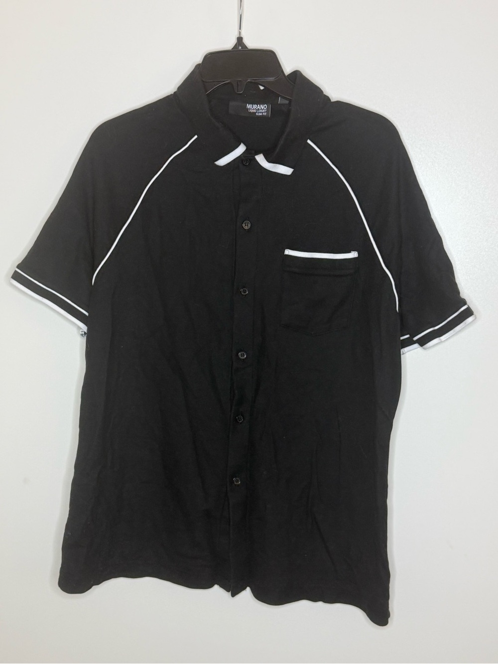 Murano Black Short-Sleeve Button-Up Polo with White Piping